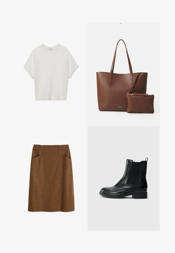 Bílý krátký rukáv tričko s širokým kulatým výstřihem a texturovaným žebrovaným vzorem, vyrobené z měkké látky, s uvolněným střihem a čistým designem.; Hnědá bavlněná sukně s přiléhavým pasem, dvěma bočními kapsami a rovnými liniemi. Materiál má měkkou strukturu a jemný lesk.; Tamaris Kotníkové boty - black glam; Hnědá taška z umělé kůže s dvěma dlouhými uchy a odpovídajícím malým pouzdrem. Povrch má texturovaný vzor a zlaté kovové prvky.