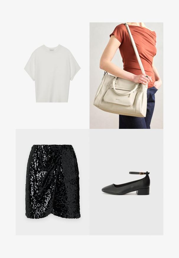Bela majica s kratkimi rokavi in širokim ovratnikom ter teksturiranim rebrastim vzorcem, izdelana iz mehke tkanine, z udobnim krojem in čistim dizajnom.; Črna mini krilca s črnimi sequini in elastiko v pasu. Ima drapirano zasnovo, sijočo površino in rob s valovitimi obroči za dodatno teksturo.; Črne usnjene pumpice z nazobčanimi prsti in nizko blokasto peto. Imajo trak okoli gležnja z zaponko v zlatem tonu. Gladka tekstura.; Bela usnjena torba z dvema ročkama in odstranljivo naramnico, ki ima sprednji žep na zadrgo in gladko teksturo. Nositi jo na osebi na roki.