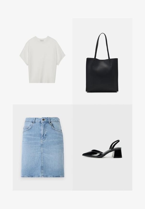 Weißes T-Shirt mit kurzen Ärmeln, weitem Rundhalsausschnitt und strukturiertem Rippenmuster, aus weichem Stoff, mit legerer Passform und einem klaren Design.; Hellblauer Jeansrock mit geradem Schnitt, ausgestattet mit Fronttaschen und einer Knopfleiste. Texturierte Oberfläche mit minimaler Ausbleichung.; Schwarze Lackleder-Slingback-High Heels mit spitzem Schuh und einem geometrischen Blockabsatz. Verfügt über ein schlankes, minimalistisches Design und eine glatte Textur.; Schwarze Laptoptasche aus Leder mit glatter Textur, rechteckiger Form und zwei langen Griffen. Keine sichtbaren Beschläge oder Verzierungen.