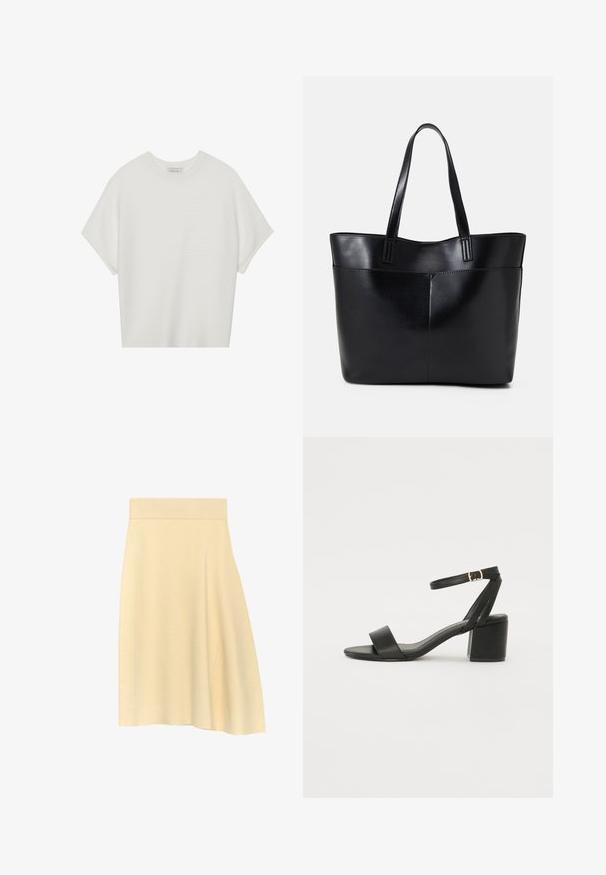 Witte T-shirt met korte mouwen, een brede ronde hals en een gestructureerd ribpatroon, gemaakt van zachte stof. Het shirt heeft een ontspannen pasvorm en een strakke uitstraling.; Crème-kleurige midi-skirt met een asymmetrische zoom en een aansluitende tailleband, gemaakt van zachte, gladde stof.; Zwarte hoge sandaal met een soepel leren bovenkant, een open teen, brede voorkruisbanden en een verstelbare enkelband met een gouden gespdetail.; Zwarte leren tote bag met twee lange handvatten, een zachte textuur en een gestructureerde vorm. Voorzien van een voorvak voor extra opslagruimte.