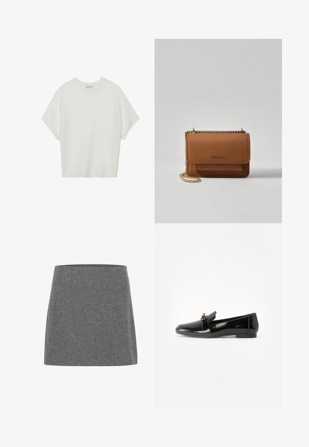 Biela tričko s krátkym rukávom a širokým okrúhlym výstrihom, s textúrovaným rebrovaným vzorom, vyrobené z mäkkej látky, s uvoľneným strihom a čistým dizajnom.; Sivá mini sukňa z plsti so striha priamym strihom a hladkou textúrou, s širokým pásom a bez viditeľných švov alebo ozdôb.; Čierne lakované kožené mokasíny s rovnou podrážkou, zaoblenou špičkou a ozdobným pásikom s akcentom v zlatej farbe. Hladký, lesklý povrch.; Hnedá textúrovaná kožená taška cez telo s zlatým reťazovým popruhom a preklopným uzáverom. Predná strana obsahuje detail s logom a vrecko pod preklopkou.