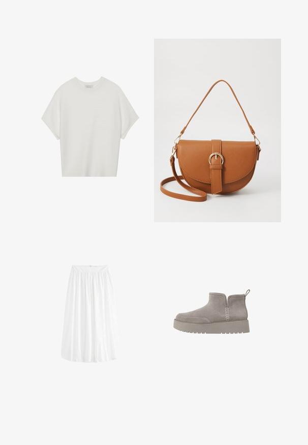 Biela tričko s krátkym rukávom a širokým okrúhlym výstrihom, s textúrovaným rebrovaným vzorom, vyrobené z mäkkej látky, s uvoľneným strihom a čistým dizajnom.; Biela sukňa po kolená s elastickým pásokm a voľným strihom. Vyrobená z ľahkej látky s jemnou textúrou.; Šedé semišové kotníkové boty s nízkým profilem, elastickými postranními panely a texturovanou gumovou podrážkou. Mají úchytku pro snadné obouvání.; Hnedá kožená kabelka cez telo s zakriveným tvarom, zlatými kovovými doplnkami a akcentom s prackou. Obsahuje odnímateľný ramenný popruh.