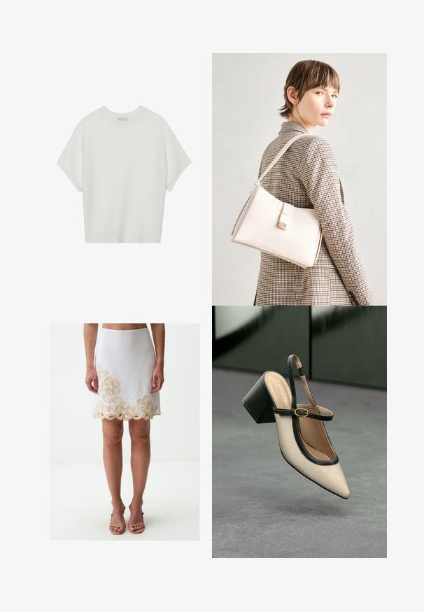 Witte T-shirt met korte mouwen, een brede ronde hals en een gestructureerd ribpatroon, gemaakt van zachte stof. Het shirt heeft een ontspannen pasvorm en een strakke uitstraling.; Witte rok met een geborduurd gouden bloemenpatroon aan de zoom, met een getailleerde silhoët en een gladde, gestructureerde stof.; Beige puntige slingback schoen met zwarte rand, gouden gesp en een chunky blokhak op een grijze vloer met een donker groene achtergrond.; Witte leren handtas met een gestructureerd ontwerp, voorzien van een magneetsluiting en een schouderriem, tentoongesteld tegen een neutrale achtergrond.