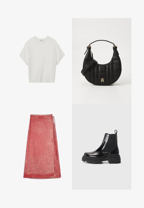 Witte T-shirt met korte mouwen, een brede ronde hals en een gestructureerd ribpatroon, gemaakt van zachte stof. Het shirt heeft een ontspannen pasvorm en een strakke uitstraling.; Rode denim wikkelskirt met vervaagde waseffect, enkel lengte, met een zij-tie sluiting en gestikte zoom.; Zwarte leren enkelboots met een strak ontwerp, elastische zijpanelen en een stevige zwarte zool. Voorzien van een trekknoop aan de achterkant voor gemakkelijk aan- en uittrekken.; Zwarte leren handtas met een gebogen vorm, gevoerd textuur en gouden hardware. Beschikt over een afneembare schouderband en logo-detail.