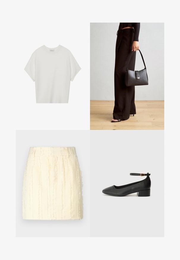 Valge lühikeste varrukatega T-särk laia ümaraha kaelusega ja tekstureeritud ribapatterniga, pehmest kangast, lõdva istuvuse ja puhta disainiga.; Kreemjas seeliku vertikaalsete tekstuurilised triibud, omades fraktsioneeritud disaini ja vormitud vööosa. Kangas näeb välja pehme ja kerge.; Must mustaapp, millel on terav nina ja madal blokk-kand. Omab pahkluu rihma koos kuldse tooni pandlaga. Sile tekstuur.; Must musta kott, millel on struktureeritud kuju, sile tekstuur ja metallist klamber. Kombineeritud laiate mustade pükstega ja avatud varvaste sandaalidega puidust põrandal.