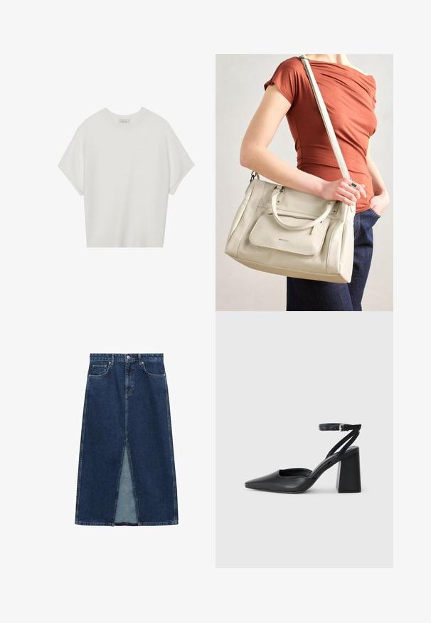 T-shirt bianca a maniche corte con scollo rotondo ampio e texture a coste, realizzata in tessuto morbido, caratterizzata da una vestibilità rilassata e un design pulito.; Gonna di jeans con vita alta, spacco frontale e due tasche anteriori. Colore blu scuro con texture liscia e design casual.; Pump in pelle nera con punta affusolata, cinturino alla caviglia e tacco spesso. Texture piatta, design elegante ed estetica minimalista.; Borsa a tracolla bianca in pelle con doppi manici e tracolla staccabile, dotata di una tasca con zip frontale e texture liscia. Portata al braccio di una persona.