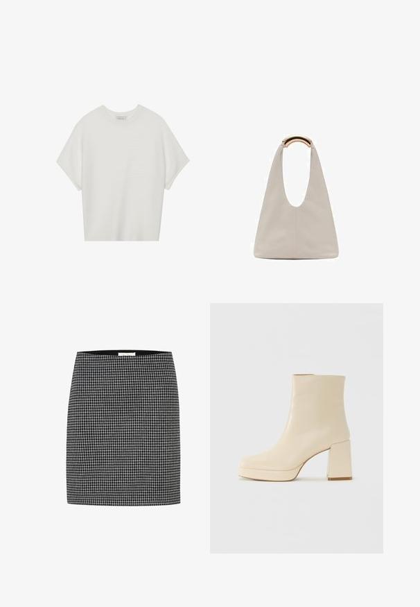Valkoinen lyhythihainen t-paita, jossa on leveä pyöreä kaula-aukko ja teksturoitu ribbikuvio, valmistettu pehmeästä kankaasta, rento malli ja siisti muotoilu.; Mustavalkoinen houndstooth-hame, jossa on istuva siluetti, sileä pinta ja vyötärö. Ei näkyvää metalliosaa tai kuvioita houndstooth-kuvion lisäksi.; Beige nahkasaapas nilkkamallia, jossa on lohkarekorko ja alusta, sileä pinta ja hieman neliömäinen kärki, käänteessä vasemmalle valkoista taustaa vasten.; Vaalea harmaa nahkalaukku, jossa on U-muotoinen muotoilu ja kaareva metallikahva. Suora pinta, jossa on minimaalinen ompelu ja ei näkyviä kuvioita.