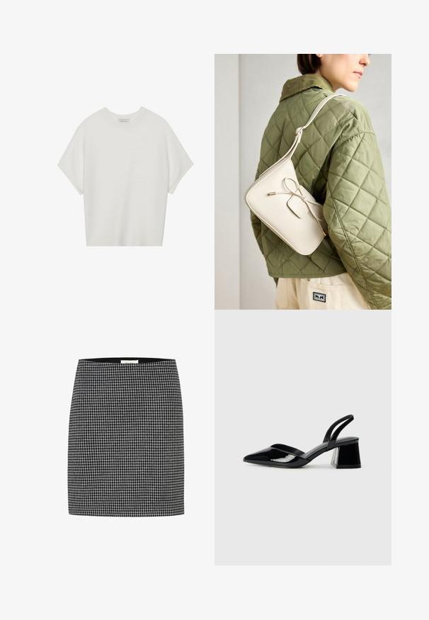 T-shirt bianca a maniche corte con scollo rotondo ampio e texture a coste, realizzata in tessuto morbido, caratterizzata da una vestibilità rilassata e un design pulito.; Gonna a motivo houndstooth bianco e nero con silhouette aderente, texture liscia e cinturino. Nessun hardware o motivo visibile oltre al design houndstooth.; Décolleté in vernice nera con punta affusolata e tacco in geometria cubica. Presentano un design elegante e minimalista, con una texture liscia.; Borsa a tracolla in pelle beige con dettaglio a fiocco, accessori dorati e una singola tracolla regolabile, indossata sopra un giubbotto trapuntato verde.