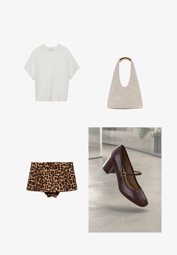 Bela majica s kratkimi rokavi in širokim ovratnikom ter teksturiranim rebrastim vzorcem, izdelana iz mehke tkanine, z udobnim krojem in čistim dizajnom.; Mango Kratke hlače - brown; Burgundska usnjena Mary Jane čevlja s kvadratnim nosom in blok peto, z zlatim zaponkom, ki lebdi nad svetlo sivo tle.; Svetlo siva usnjena torba z U-oblika zasnovo in ukrivljenim kovinskim ročajem. Gladka tekstura z minimalnim šivom in brez vidnih vzorcev.
