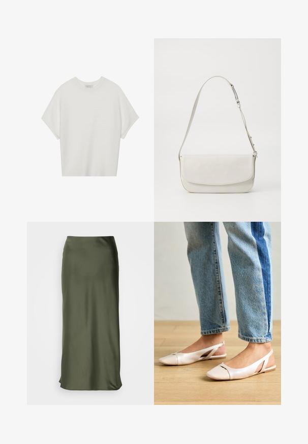 Biela tričko s krátkym rukávom a širokým okrúhlym výstrihom, s textúrovaným rebrovaným vzorom, vyrobené z mäkkej látky, s uvoľneným strihom a čistým dizajnom.; Lindex MARIA - sukňa v tvare A - dark dusty khaki; Svetloružové slingback baleríny s jemne špicatou špičkou, vyrobené z hladkého materiálu pripomínajúceho kožu. Majú výrezové detaily na stranách a plochý opätok.; Biela kožená kabelka cez rameno s hladkým povrchom, obdĺžnikovým tvarom, preklápacím uzáverom a nastaviteľným remienkom. Jednoduché šitie.