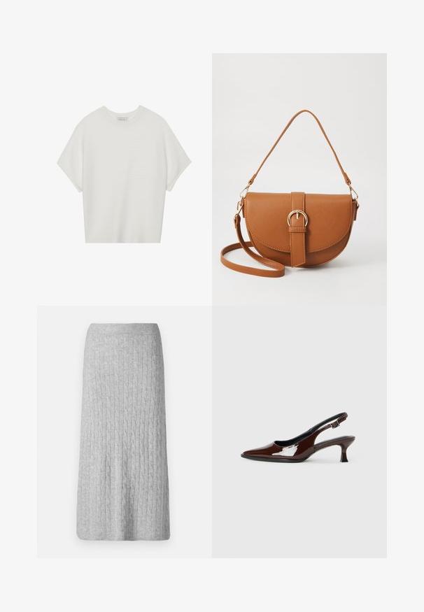 White short-sleeve t-shirt with a wide crew neck and textured ribbed pattern, made of soft fabric, featuring a relaxed fit and a clean design.; Gray knitted skirt with a ribbed texture and straight silhouette, reaching mid-calf length. No visible fastenings or patterns.; Brown patent leather slingback shoe with a pointed toe and a moderate heel. Features a buckle strap for secure fit. Smooth texture.; Brown leather crossbody bag with a curved shape, gold hardware, and a buckle accent. Features a detachable shoulder strap.