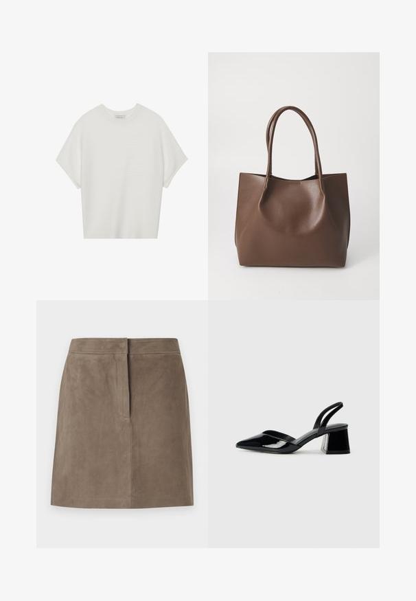 Camiseta branca de mangas curtas com um decote careca largo e um padrão texturizado canelado, feita de tecido suave, com um corte relaxado e um design limpo.; Saia de camurça taupe até ao joelho com corte reto e detalhe de costura oculta na frente, contra um fundo liso.; Sandy em verniz preto com salto slingback, ponta afilada e salto geométrico. Apresenta um design elegante e minimalista com textura suave.; Bolsa tote de couro castanho com duas alças longas, forma estruturada, textura suave e design minimalista. Sem hardware ou acentos visíveis.