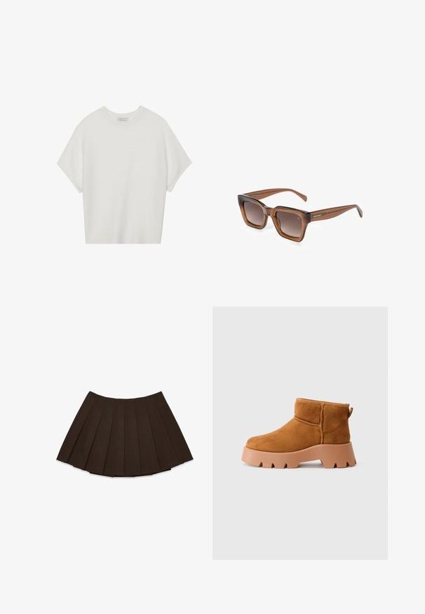 Balta trumpa rankovėmis marškinėliai su plačiu apykakle ir tekstūruotu gumbelių raštu, pagaminti iš minkštos medžiagos, pasižymintys laisvu siluetu ir tvarkingu dizainu.; Tamsiai rudas mini sijonas su lygiagrečiais vertikaliais raukiniais, pateiktas prieš baltą foną.; Šviesiai rudos sukojos batus iki kulkšnies su apvaliu pirštu, tekstūruota ruda apačia ir užtrauktuku. Yra siuvinėta siūlė ir storas platformos dizainas.; Rudos kvadratiniai saulės akiniai su gradientiniais lęšiais. Perėjimo spalvos rėmas su matiniu paviršiumi. Prekinis ženklas "SURI FREY" išspausdintas ant šventyklų.; Balta sintetinė rankinė trikampio formos, plokščiu priekiu su užsegimu, kaspino detale, reguliuojama dirželiu, lygia tekstūra ir minimalistišku dizainu.