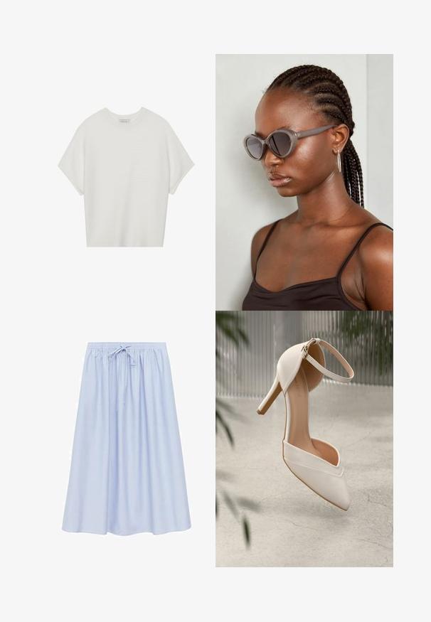 Biela tričko s krátkym rukávom a širokým okrúhlym výstrihom, s textúrovaným rebrovaným vzorom, vyrobené z mäkkej látky, s uvoľneným strihom a čistým dizajnom.; Svetlo modrá sukňa po kolená s voľným strihom, vybavená elastickým pásom a nastaviteľnými šnúrkami. Hladká, ľahká látka.; Biele vysoké lodičky z hladkého materiálu s špicatou špičkou a členkovým remienkom. Majú svetlohnedý interiér a akcenty v zlatej farbe.; Šedé nadrozmerné slnečné okuliare so zaobleným tvarom a tmavými sklami. Elegantný plastový rám s hladkým povrchom. Model má vrkoč.