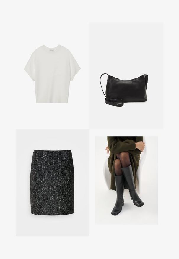 Camiseta branca de mangas curtas com um decote careca largo e um padrão texturizado canelado, feita de tecido suave, com um corte relaxado e um design limpo.; Saia mini em tweed preto com padrão de espinha de peixe, forma estruturada e tecido texturizado. A bainha é reta e acabada de maneira limpa.; Botas de couro pretas até ao joelho com biqueira quadrada e salto em bloco, apresentadas com um modelo sentado num casaco verde-azeitona. Textura lisa, com detalhes mínimos.; Bolsa de ombro em pele preta com textura suave, forma curva, alça ajustável e fecho com zip. Design minimalista sem adornos.