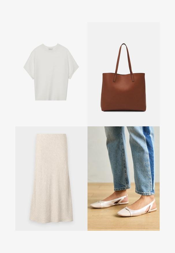 Biała koszulka z krótkim rękawem o szerokim dekolcie, wykonana z miękkiego materiału, z fakturowanym prążkowanym wzorem, charakteryzująca się luźnym krojem i minimalistycznym designem.; Beżowa, pleciona spódnica o rozkloszowanym kroju, gładkiej fakturze i subtelnym wzorze w rybkę. Midi długość, bez widocznych zapięć lub ozdób.; Jasnoróżowe baleriny na odkrytej pięcie z wąskim noskiem, wykonane z gładkiego materiału imitującego skórę. Posiadają wycięcia po bokach oraz płaski obcas.; Brązowa skórzana torba tote o gładkiej fakturze, z otwartym wierzchem i dwoma ramiączkami. Charakteryzuje się minimalnym przeszyciem i brakiem widocznych elementów metalowych.