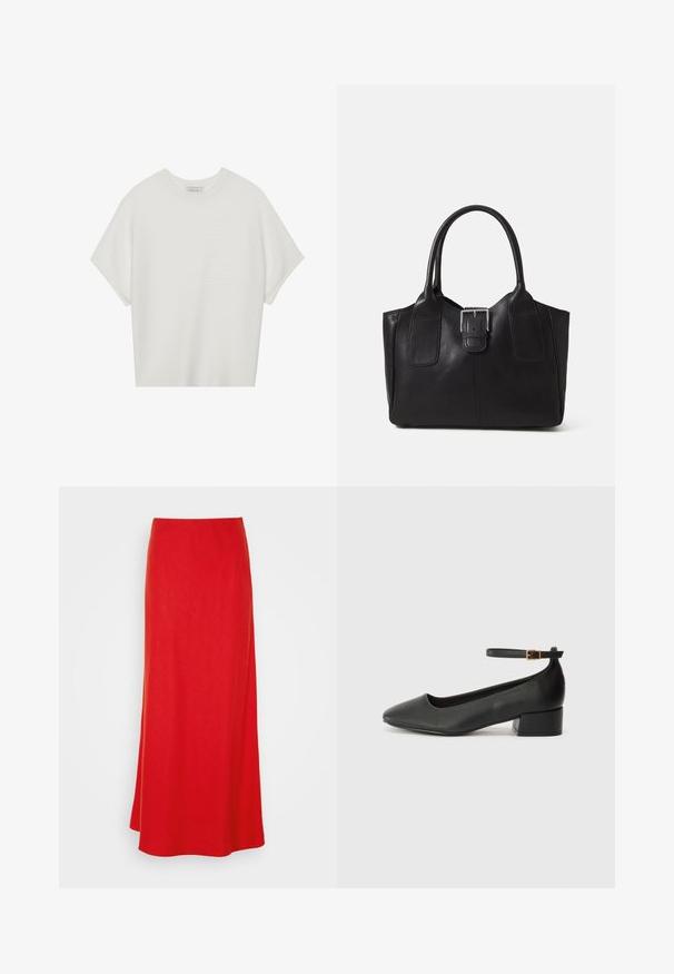 Bijela majica kratkih rukava s širokim okruglim izrezom i teksturiranim rebrastim uzorkom, izrađena od mekog materijala, s opuštenim krojem i čistim dizajnom.; Crvena maxi suknja s glatkom teksturom, visokim strukom i lepršavim siluetom. Ima jednobojnu površinu bez uzoraka ili ukrasa.; Crne kožne pumpe s oštrim vrhom i niskom blok petom. Sadrže remen oko gležnja s zlatnim kopčanjem. Glatka tekstura.; Crna kožna torba za nošenje s glatkom teksturom, strukturiranim oblikom, dvije ručke i istaknutim srebrnim kopčanjem na prednjoj strani.