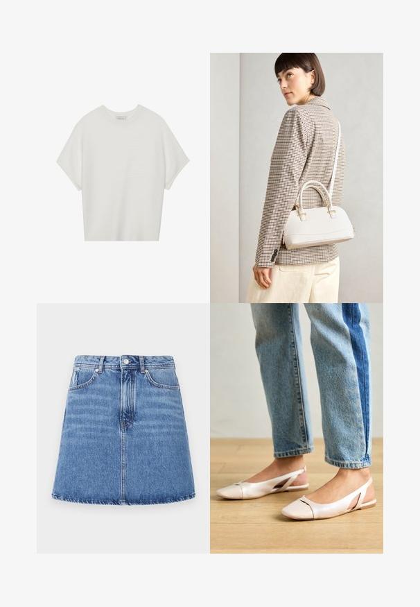 Bela majica s kratkimi rokavi in širokim ovratnikom ter teksturiranim rebrastim vzorcem, izdelana iz mehke tkanine, z udobnim krojem in čistim dizajnom.; Denim krilo s razširjenim A-linijskim krojem, svetlo modra pranje, dve sprednji žepi in gumbasto zapiranje na pasu. Vidna podrobnost šivanja.; Svijetloružičaste slingback balerinke s šiljastim nožnim prstima, napravljene od glatkog materijala nalik koži. Imaju izrezane detalje sa strane i ravne pete.; Bela strukturirana torba z kratkimi ročaji in naramnim trakom, z zlatimi okrasnimi elementi in teksturiranim materialom, prikazana na sivi podlagi.
