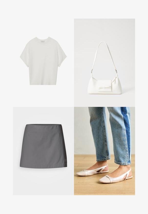 Biela tričko s krátkym rukávom a širokým okrúhlym výstrihom, s textúrovaným rebrovaným vzorom, vyrobené z mäkkej látky, s uvoľneným strihom a čistým dizajnom.; Sivá sukňa vyrobená z ľahkej, hladkej textílie; má rovný strih s čistým lemom a diskrétnu značku na boku.; Svetloružové slingback baleríny s jemne špicatou špičkou, vyrobené z hladkého materiálu pripomínajúceho kožu. Majú výrezové detaily na stranách a plochý opätok.; Biela syntetická kabelka s trojuholníkovým tvarom, plochým predným klapkou a detailom mašle, nastaviteľným popruhom, hladkou textúrou a minimalistickým dizajnom.