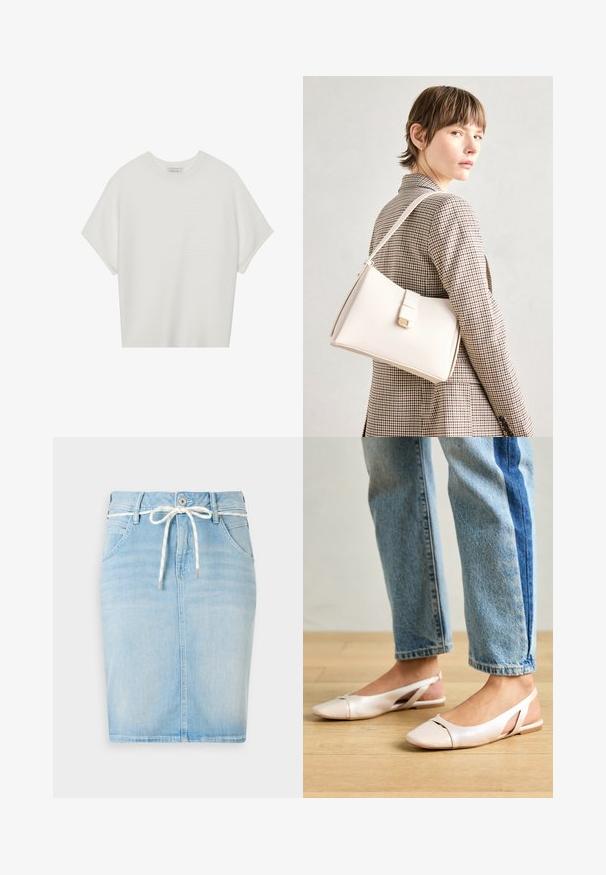 Balta trumpa rankovėmis marškinėliai su plačiu apykakle ir tekstūruotu gumbelių raštu, pagaminti iš minkštos medžiagos, pasižymintys laisvu siluetu ir tvarkingu dizainu.; Šviesiai mėlyna džinsinė sijonas su raišteliu juosmenyje, penkiomis kišenėmis ir tiesia siluetu. Turi subtilų išblukusį raštą visame paviršiuje.; Šviesiai rožiniai slingback baleto bateliai su smailiu pirštu, pagaminti iš lygios odai panašios medžiagos. Yra išpjovimų detalės šonuose ir plokščias kulnas.; Balto odos rankinė su struktūrizuotu dizainu, turinti magnetinį užsegimą ir petnešą, demonstruojama prieš neutralią foną.