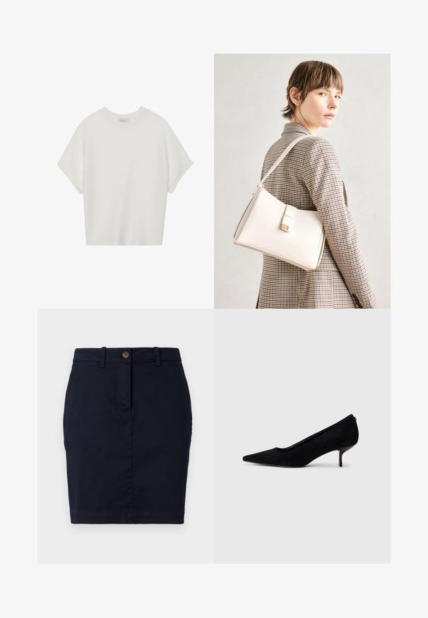 Camiseta blanca de manga corta con cuello redondo amplio y patrón acanalado texturizado, hecha de una tela suave, con un corte relajado y un diseño limpio.; Falda de algodón azul marino con un corte ajustado, que cuenta con un cierre de botones, trabillas para cinturón y un dobladillo limpio. Textura suave sin patrones visibles.; Zapato de tacón alto de ante negro con punta afilada y un tacón delgado y bajo. Textura suave con un diseño elegante, sin hardware visible.; Bolso de mano de cuero blanco con un diseño estructurado, que presenta un cierre magnético y una correa para el hombro, exhibido sobre un fondo neutro.