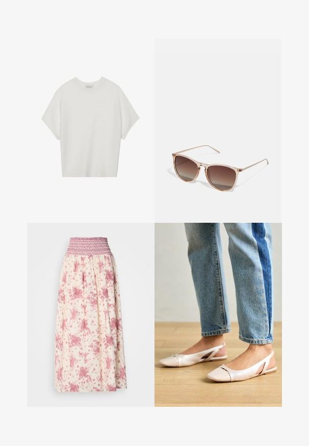 Vit kortärmad t-shirt med bred rund halsringning och texturerad ribbad mönster, tillverkad av mjukt material, med avslappnad passform och en ren design.; Maxikjol i krämfärg med rosa blommiga och geometriska mönster. Har ett smockat midjeband för justerbar passform, tillverkad av lättviktig tyg.; Ljust rosa slingback-lägenheter med spetsig tå, tillverkade av ett slätt läderliknande material. Har utskurna detaljer på sidorna och en platt häl.; Bruna gradient solglasögon med en genomskinlig rosa ram, fyrkantig form och tunna metalldelar. Har rundade kanter och minimal detaljering.