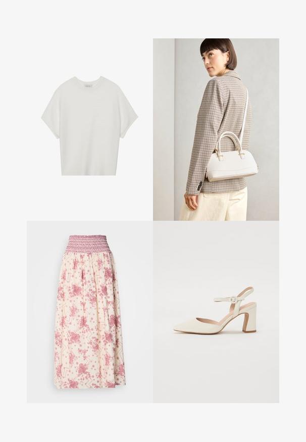 T-shirt blanc à manches courtes avec un large col rond et un motif côtelé texturé, fabriqué en tissu doux, présentant une coupe décontractée et un design épuré.; Jupe maxi en crème avec des motifs floraux et géométriques roses. Dispose d'une taille smockée pour un ajustement réglable, fabriquée en tissu léger.; Escarpin à bout pointu, de couleur crème, avec un talon carré. Il est doté d'une fine lanière de cheville avec une boucle ronde et d'une texture en cuir lisse.; Sac à main structuré blanc avec de courtes poignées et une bandoulière, doté de accents en métal doré et d'un matériau texturé, présenté sur un fond gris.