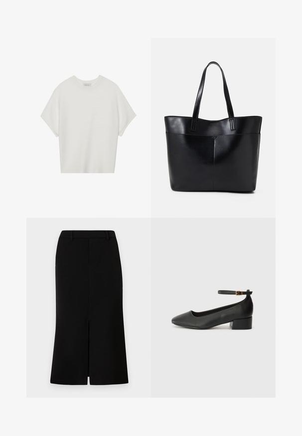 Vit kortärmad t-shirt med bred rund halsringning och texturerad ribbad mönster, tillverkad av mjukt material, med avslappnad passform och en ren design.; Svart knälång kjol med rak silhuett, med en framslits, slät textur och skräddarsydd midjeband.; Svart läderpump med spetsig tå och en låg klack. Har en ankelsnodd med en guldtonad spänne. Slät textur.; Svart läder tote-väska med två långa handtag, en slät yta och en strukturerad form. Har en framficka för extra förvaring.