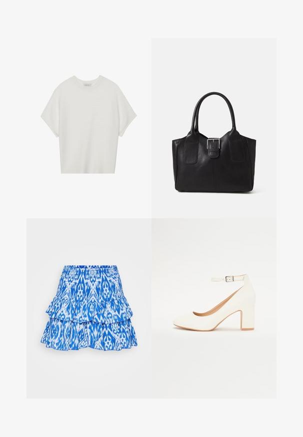 Camiseta branca de mangas curtas com um decote careca largo e um padrão texturizado canelado, feita de tecido suave, com um corte relaxado e um design limpo.; Saia azul em camadas com um vibrante padrão ikat. Apresenta camadas com volantes e uma cintura elástica para ajuste. O material parece leve.; Sandalha branca de salto alto com ponta afiada, salto bloco e tira no tornozelo. Acabamento suave com um brilho subtil e forro bege.; Bolsa tote de couro preta com textura suave, forma estruturada, duas alças e um destaque prateado proeminente na parte da frente.