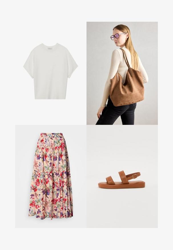 Bela majica s kratkimi rokavi in širokim ovratnikom ter teksturiranim rebrastim vzorcem, izdelana iz mehke tkanine, z udobnim krojem in čistim dizajnom.; Cvečni maksi krilo z elastičnim pasom, z bež ozadjem in živahnimi rdečimi, vijoličnimi ter zelenimi cvetličnimi vzorci; s plastmi.; Rjave usnjene sandale z dvema širokima naramnicama in hrbtnim trakom, ki imajo ravno podplat z diskretnimi šivi in kovinsko zaponko kot dodatkom.; Rjava semišna torba z mehko teksturo, velikim odprtjem in dolgimi ročaji. Ima preprost dizajn z vidnim šivanjem in brez okovja.