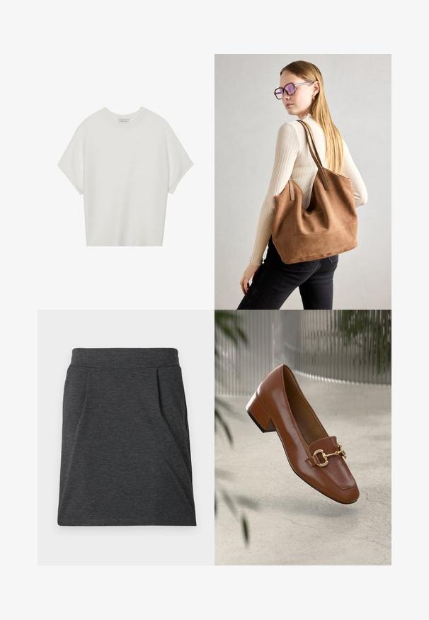 T-shirt bianca a maniche corte con scollo rotondo ampio e texture a coste, realizzata in tessuto morbido, caratterizzata da una vestibilità rilassata e un design pulito.; Gonna in tessuto grigio scuro con una vita aderente, caratterizzata da pieghe per un tocco di texture. Design a taglio dritto, dettagli di cucitura minimi e senza fantasie.; Mocassino in pelle verniciata marrone con punta quadrata, accentato da catena metallica e tacco basso; texture liscia, design minimalista.; Borsa a tracolla in suede marrone con texture morbida, ampia apertura e lunghe cinghie. Caratterizzata da un design semplice con cuciture visibili e senza accessori.