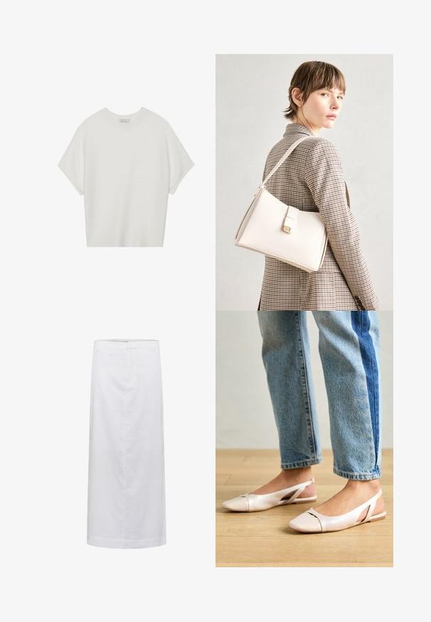 Tricou alb cu mânecă scurtă, cu guler larg și model texturat cu dungi, realizat dintr-un material moale, având o croială lejeră și un design curat.; Fustă midi din in alb, cu croială dreaptă, având o textură netedă, cusături minime și un brâu pentru o potrivire ajustată.; Sandalete plate de un roz pal cu vârf ascuțit, realizate dintr-un material asemănător pielii, neted. Prezintă detalii decupate pe laterale și un toc plat.; Geantă de mână din piele albă cu un design structurat, având o închidere magnetică și un breteau, expusă pe un fundal neutru.