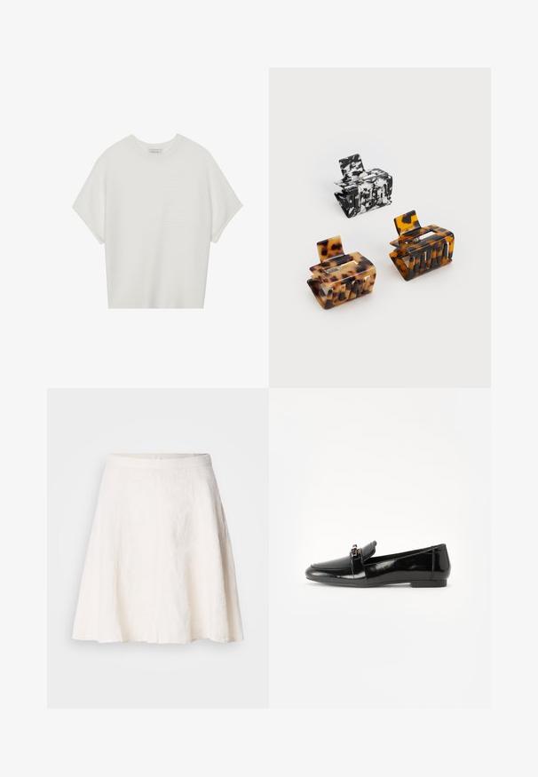 Balta īsā piedurknē T-krekls ar plašu apļa kaklu un teksturētu ribu rakstu, izgatavots no mīksta auduma, ar brīvu piegriezumu un tīru dizainu.; Balta lina svārki ar plūstošu, A-līnijas dizainu. Iespējas gluda josta un viegla tekstūra ar smalkiem krokām.; Melns lakots ādas loafers ar plakanu zoli, apaļu purngalu un dekoratīvu jostu ar zelta toņa akcentu. Gluda, spīdīga apdare.; Trīs matu sprādzes: viena melna un balta marmora, divas bruņurupuču krāsas ar brūnajām un melnajām nokrāsām, visas izgatavotas no glancētas plastmasas ar teksturētu apdari.