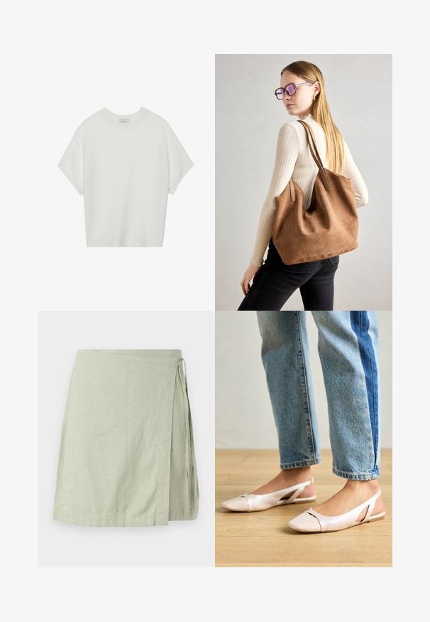 Hvit t-skjorte med korte ermer, bred rund hals og teksturert ribbet mønster, laget av myk stoff, med en avslappet passform og et enkelt design.; Omslag skjørt laget av lett, teksturert stoff i myk grønn farge, med knytelukking på siden og en rett kant.; Lys rosa slingback leiligheter med spiss tå, laget av et glatt, læraktig materiale. Har utskjæringer på sidene og lav hæl.; Brun semsketotebag med myk tekstur, stor åpning og lange stropper. Har et enkelt design med synlig søm og uten maskinvare.