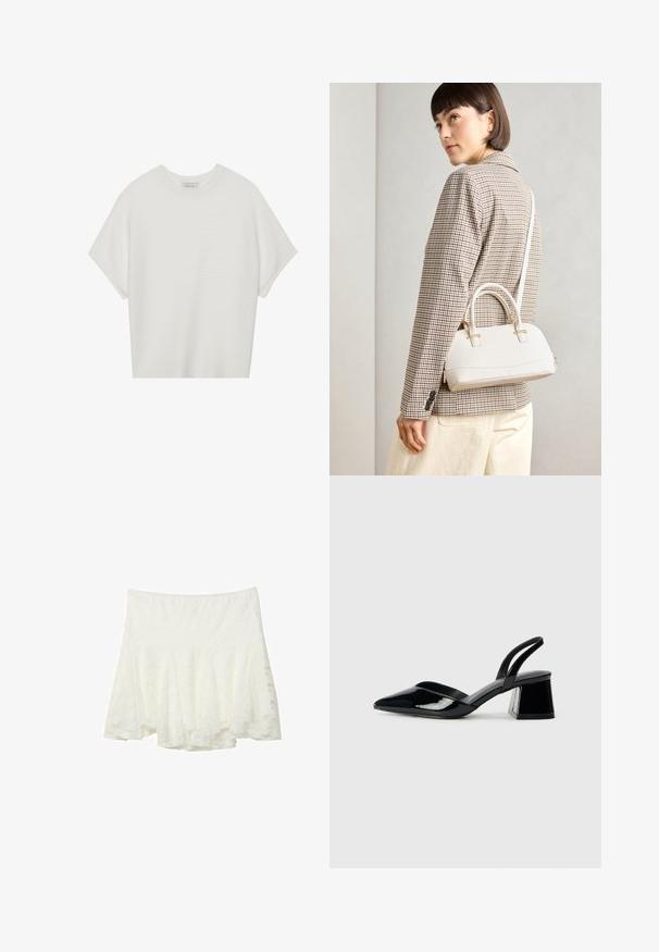 T-shirt blanc à manches courtes avec un large col rond et un motif côtelé texturé, fabriqué en tissu doux, présentant une coupe décontractée et un design épuré.; Stradivarius FITTING - Jupe trapèze - white; Escarpins en cuir verni noir avec bout pointu et talon bloc géométrique. Présente un design élégant et minimaliste ainsi qu'une texture lisse.; Sac à main structuré blanc avec de courtes poignées et une bandoulière, doté de accents en métal doré et d'un matériau texturé, présenté sur un fond gris.