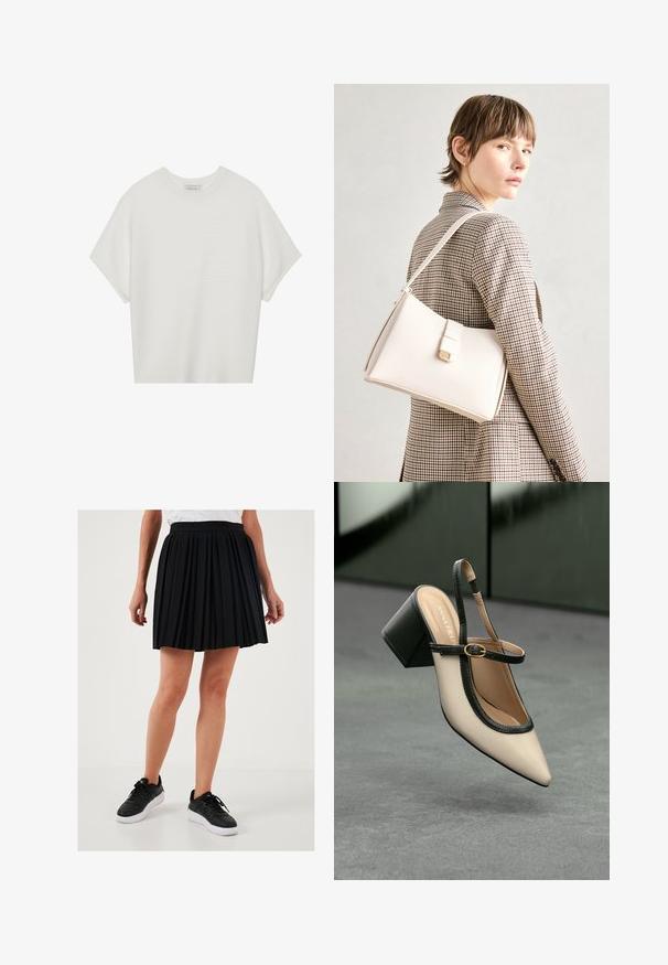Witte T-shirt met korte mouwen, een brede ronde hals en een gestructureerd ribpatroon, gemaakt van zachte stof. Het shirt heeft een ontspannen pasvorm en een strakke uitstraling.; Zwarte geplooide rok met een hoge taille en een gladde textuur, gecombineerd met zwarte sneakers met witte zolen.; Beige puntige slingback schoen met zwarte rand, gouden gesp en een chunky blokhak op een grijze vloer met een donker groene achtergrond.; Witte leren handtas met een gestructureerd ontwerp, voorzien van een magneetsluiting en een schouderriem, tentoongesteld tegen een neutrale achtergrond.