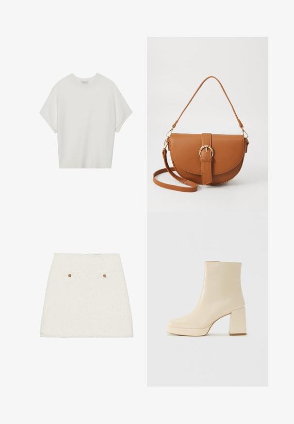 T-shirt blanc à manches courtes avec un large col rond et un motif côtelé texturé, fabriqué en tissu doux, présentant une coupe décontractée et un design épuré.; Jupe mini en tweed blanc avec une finition texturée, dotée de deux poches arrière et d'accents en bouton doré. L'ourlet est légèrement effiloché.; Botte chelsea en cuir beige avec un talon bloc et une semelle à plateforme, finition lisse et pointe légèrement carrée, tournée vers la gauche sur un fond blanc.; Sac bandoulière en cuir marron avec une forme incurvée, quincaillerie dorée et un accent en boucle. Comprend une bandoulière détachable.