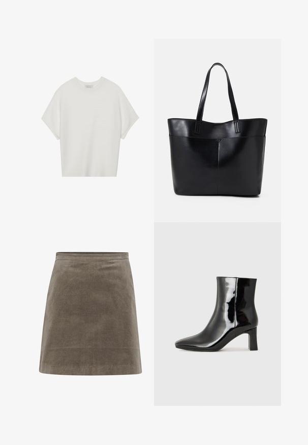 Vit kortärmad t-shirt med bred rund halsringning och texturerad ribbad mönster, tillverkad av mjukt material, med avslappnad passform och en ren design.; Kakhi kordflorskjol i mini-längd med rak form, slät textur och enkel midjeband, med vertikala ribbade linjer genom hela.; Svart lackläder ankelboot med spetsig tå och en medelhög klack. Slät textur och minimalistisk design.; Svart läder tote-väska med två långa handtag, en slät yta och en strukturerad form. Har en framficka för extra förvaring.