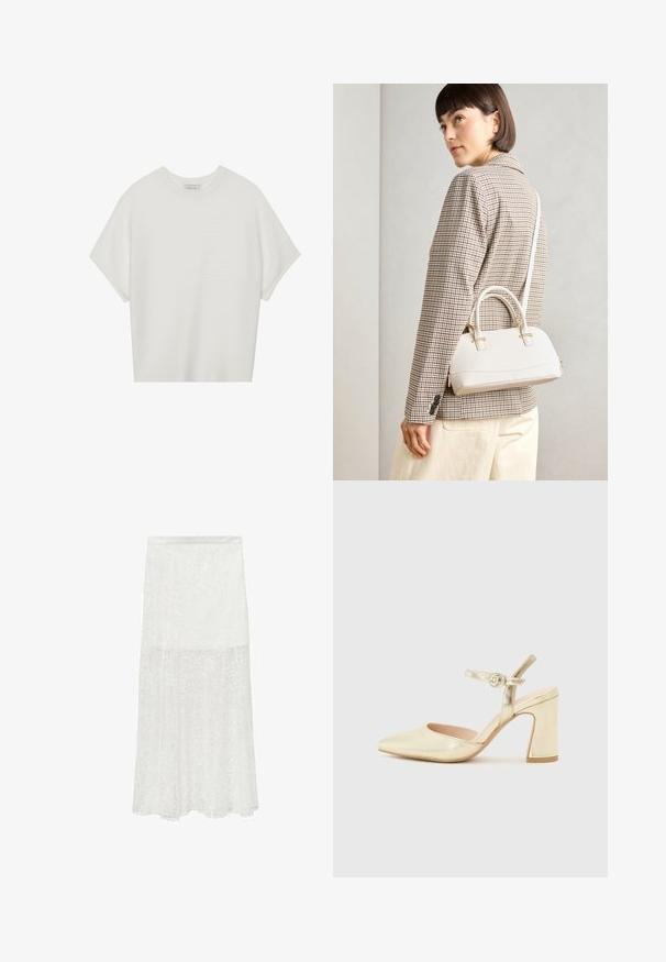 T-shirt blanc à manches courtes avec un large col rond et un motif côtelé texturé, fabriqué en tissu doux, présentant une coupe décontractée et un design épuré.; Jupe maxi en dentelle blanche avec de subtils motifs floraux, texture semi-transparente et silhouette en A. Taille élastique pour plus de confort.; Chaussure à talon métallique doré avec un bout pointu, une lanière de cheville dotée d'une boucle circulaire et un design de talon épais. Texture lisse.; Sac à main structuré blanc avec de courtes poignées et une bandoulière, doté de accents en métal doré et d'un matériau texturé, présenté sur un fond gris.
