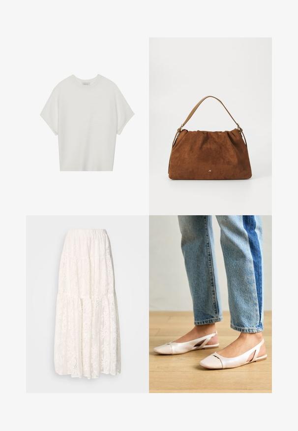 T-shirt blanc à manches courtes avec un large col rond et un motif côtelé texturé, fabriqué en tissu doux, présentant une coupe décontractée et un design épuré.; Jupe maxi en dentelle blanche avec un design à volants, une taille élastique et des motifs floraux complexes. Tissu léger et texturé.; Ballerines slingback rose pâle avec un bout pointu, fabriquées en un matériau semblable au cuir lisse. Présentent des découpes sur les côtés et un talon plat.; Sac à main en daim marron avec un design plissé, arborant une seule sangle en cuir beige et un discret logo doré à l'avant.
