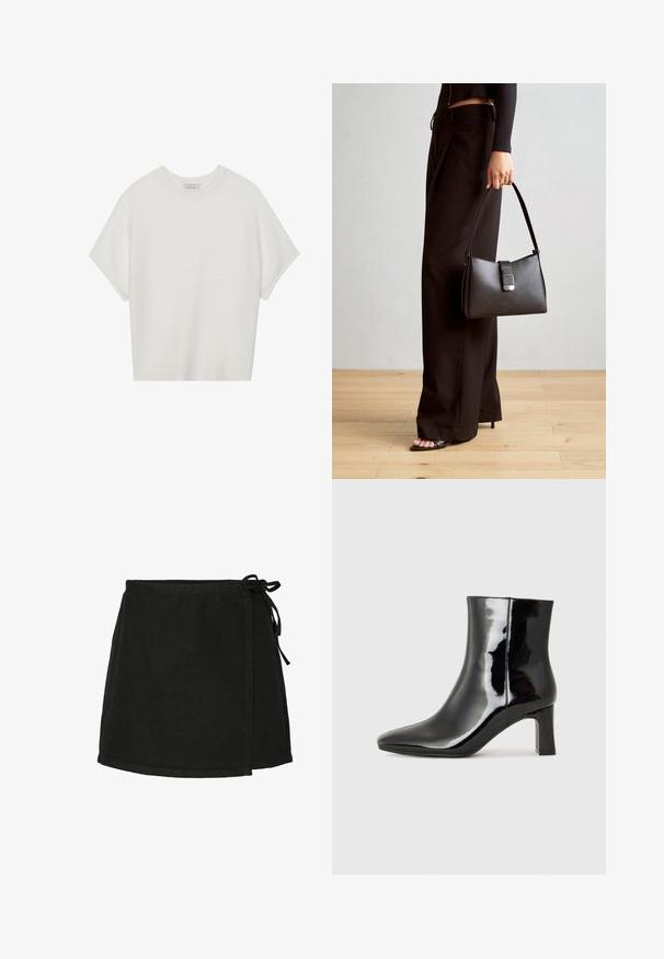 Bela majica s kratkimi rokavi in širokim ovratnikom ter teksturiranim rebrastim vzorcem, izdelana iz mehke tkanine, z udobnim krojem in čistim dizajnom.; Črna bombažna ovita krila z zavezovanjem, ravnega kroja in robom do sredine stegna. Ima gladko teksturo in minimalističen dizajn.; Črne lakirane gležnjarje z ošiljenim nosom in srednje visokim blokastim peto. Gladka tekstura in minimalističen dizajn.; Črna torbica z strukturirano obliko, gladko teksturo in kovinskim zaponko. Ujemajo se z širokimi črnimi hlačami in odprtimi sandali na lesenem tleh.
