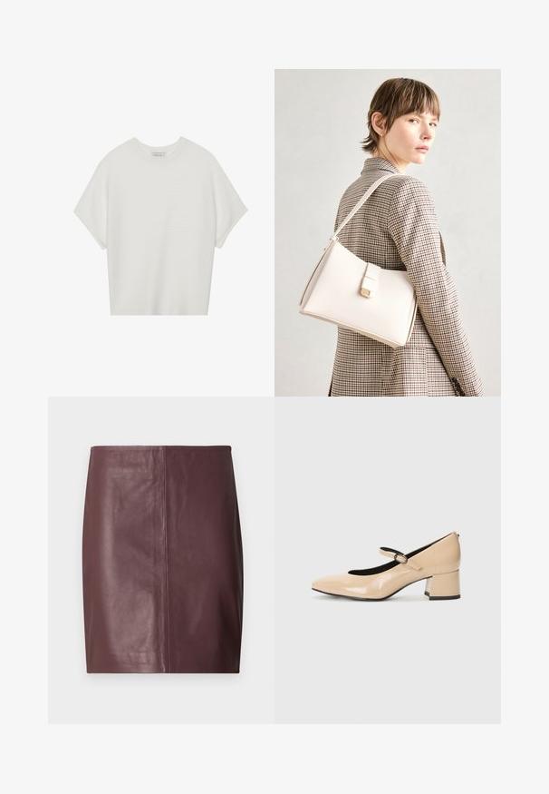 Bela majica s kratkimi rokavi in širokim ovratnikom ter teksturiranim rebrastim vzorcem, izdelana iz mehke tkanine, z udobnim krojem in čistim dizajnom.; Temno rjav usnjen svinčnik krilo z ravnim, gladkim sprednjim delom in subtilnimi navpičnimi šivi po sredini.; Bežna patenti kožna Mary Jane obutev s simuliranim prstom, s sponko in srednje visokim blok peto. Gladka tekstura z leskom.; Bela usnjena torba s strukturirano zasnovo, opremljena z magnetnim zapiranjem in naramnico, prikazana na nevtralni ozadju.
