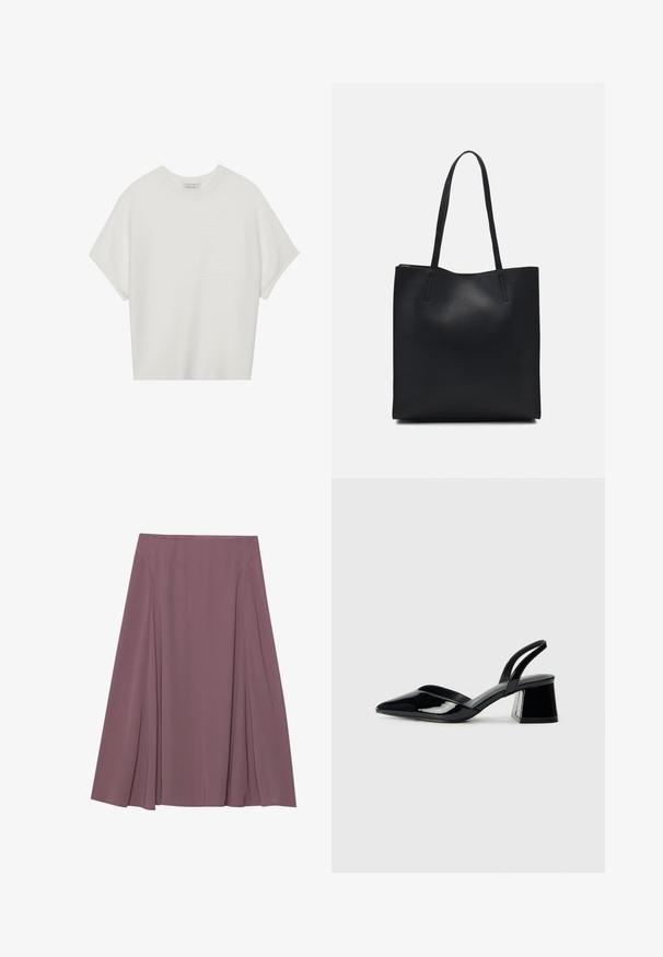 Valge lühikeste varrukatega T-särk laia ümaraha kaelusega ja tekstureeritud ribapatterniga, pehmest kangast, lõdva istuvuse ja puhta disainiga.; Põlve pikkusega seelik, hallika lilla tooniga, valmistatud kergest kangast, millel on volditud disain ja sile tekstuur. Nähtavad kinnitused puuduvad.; Mustad musta lakknahk kingad, millel on terav varvas ja geomeetriline plokkkonts. Omab elegantselt minimalistlikku disaini ja sujuvat tekstuuri.; Mustast nahast kott sujuva tekstuuriga, ristkülikukujuline ja kahe pika sangaga. Pole nähtavat riistvara ega kaunistusi.