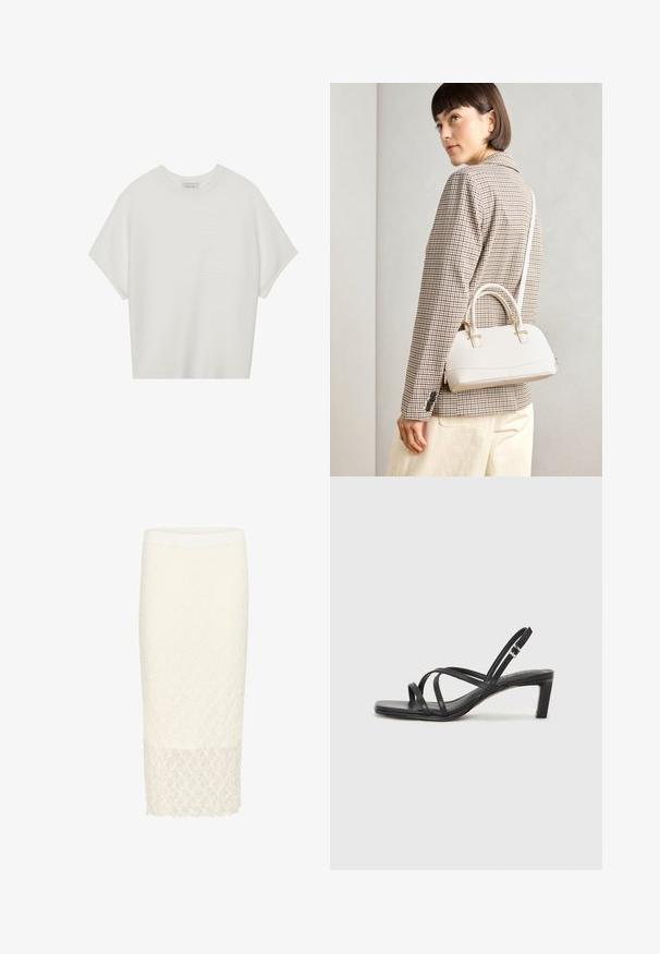 Camiseta blanca de manga corta con cuello redondo amplio y patrón acanalado texturizado, hecha de una tela suave, con un corte relajado y un diseño limpio.; Falda lápiz de encaje blanco con un patrón floral texturizado, que presenta un corte a la altura de la rodilla y una cintura rígida. Acabado suave en el dobladillo.; Sandalia negra de tiras con punta cuadrada y tacón bajo de bloque. Presenta múltiples tiras delgadas y una correa ajustable en el tobillo. Fabricada en cuero suave.; Bolso estructurado blanco con asas cortas y una correa para el hombro, que presenta detalles en dorado y material texturizado, exhibido sobre un fondo gris.