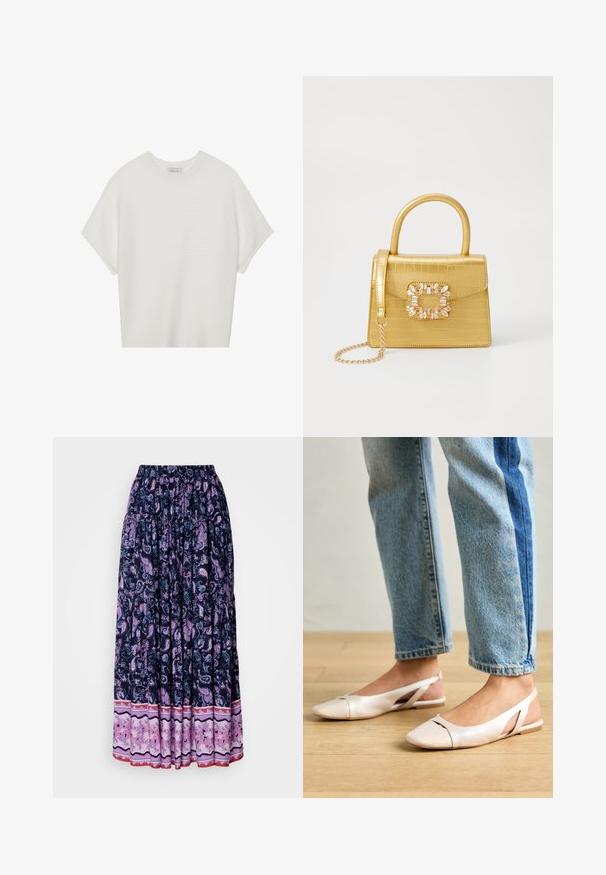 Balta trumpa rankovėmis marškinėliai su plačiu apykakle ir tekstūruotu gumbelių raštu, pagaminti iš minkštos medžiagos, pasižymintys laisvu siluetu ir tvarkingu dizainu.; Tamsiai mėlyna maksi sijonas su detaliu purpuriniu paisley raštu; elastinga juosta ir sluoksniuota apačia su kontrastinga gėlių medžiaga apačioje.; Šviesiai rožiniai slingback baleto bateliai su smailiu pirštu, pagaminti iš lygios odai panašios medžiagos. Yra išpjovimų detalės šonuose ir plokščias kulnas.; Geltonas dirbtinės krokodilo odos rankinukas su standžiu dizainu, viršutine rankena, nuimamu grandininiu dirželiu ir dekoratyviniu krištolo papuošimu ant užsegimo.; Aukso žiediniai auskarai su lygiu, suapvalintu dizainu. Ploni ir lengvi, su nuolatiniu kilpeliu be jokio papuošimo.