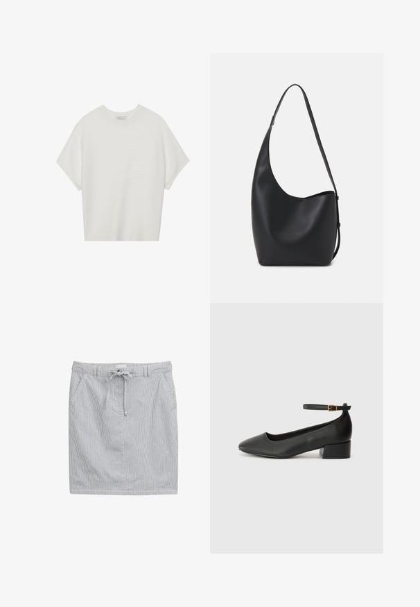 Biela tričko s krátkym rukávom a širokým okrúhlym výstrihom, s textúrovaným rebrovaným vzorom, vyrobené z mäkkej látky, s uvoľneným strihom a čistým dizajnom.; Prúžkovaná sukňa v svetlomodrej a bielej farbe z bavlny s elastickým pásom, šnúrkou a dvoma bočnými vreckami. Hladká textúra, dĺžka nad kolená.; Čierne kožené lodičky s špicatou špičkou a nízkym blokovým podpätkom. Obsahuje remienok okolo členka so zlatým prackou. Hladký povrch.; Čierna kožená hobo taška so hladkou textúrou, zakriveným tvarom a jedným nastaviteľným popruhom; má široké otvorenie na vrchu.