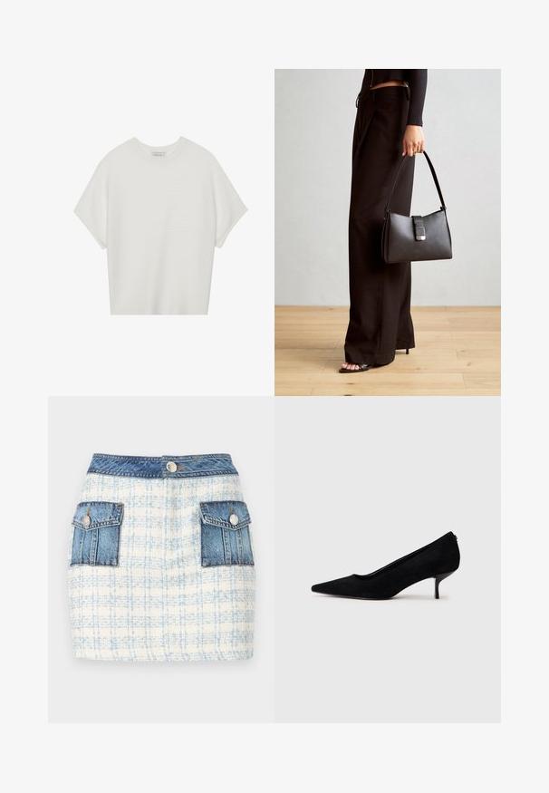 Weißes T-Shirt mit kurzen Ärmeln, weitem Rundhalsausschnitt und strukturiertem Rippenmuster, aus weichem Stoff, mit legerer Passform und einem klaren Design.; Denim-Minirock mit einem hellblauen und weißen Karomuster, ausgestattet mit zwei vorderen Taschen mit Denim-Akzenten und einem Knopfverschluss an der Taille.; Schwarzer Wildleder-High-Heel-Schuh mit spitzem Zeh und slim, niedrigem Absatz. Glatte Textur mit elegantem Design, ohne sichtbare Beschläge.; Schwarze Handtasche mit strukturierter Form, glatter Textur und einem metallischen Verschluss. Kombiniert mit weiten schwarzen Hosen und offenen Sandalen auf einem Holzboden.