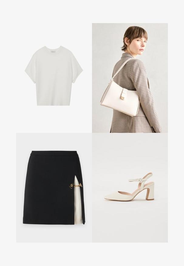 Tricou alb cu mânecă scurtă, cu guler larg și model texturat cu dungi, realizat dintr-un material moale, având o croială lejeră și un design curat.; Fustă mini neagră cu o fante laterală care dezvăluie un strat de bază crem, având accesorii din lanțuri aurii și un material elegant, neted.; Pantof cu vârful ascuțit, de culoare crem, cu toc pătrat. Dispune de o curea subțire la glezna cu o cataramă rotundă și o textură netedă a pielii.; Geantă de mână din piele albă cu un design structurat, având o închidere magnetică și un breteau, expusă pe un fundal neutru.