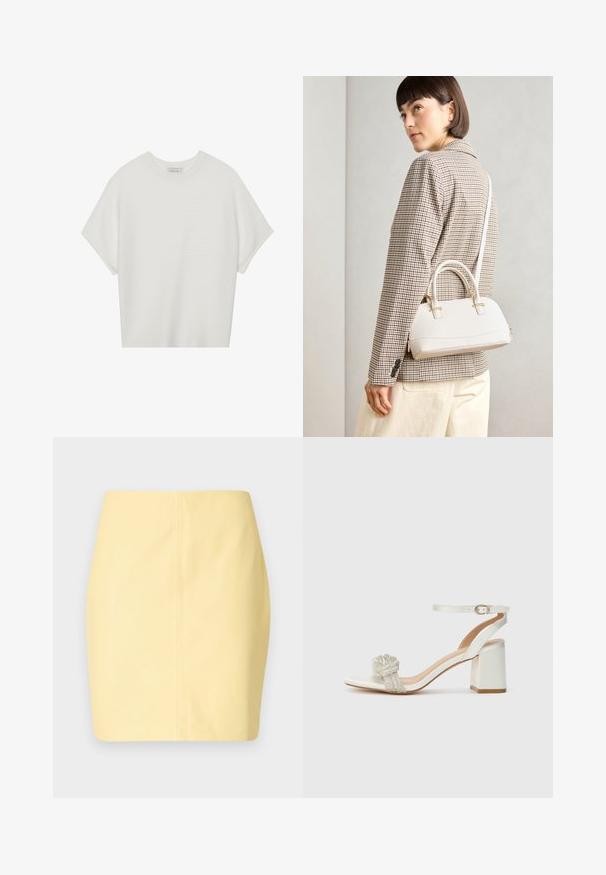 Balta īsā piedurknē T-krekls ar plašu apļa kaklu un teksturētu ribu rakstu, izgatavots no mīksta auduma, ar brīvu piegriezumu un tīru dizainu.; Dzeltena mini svārku ar gludu tekstūru un šauru piegriezumu, kas izceļas ar tīru dizainu un minimālām šuvju detaļām.; Baltā atvērtā pirksta sandale ar biezu bloku papēdi, kurai ir teksturēta sequīnu lente pāri pēdai un regulējams potītes siksniņa.; Balta strukturēta roku soma ar īsām rokturiem un plecu siksnu, ar zelta aparatūras akcentiem un strukturētu materiālu, izstādīta uz pelēka fona.