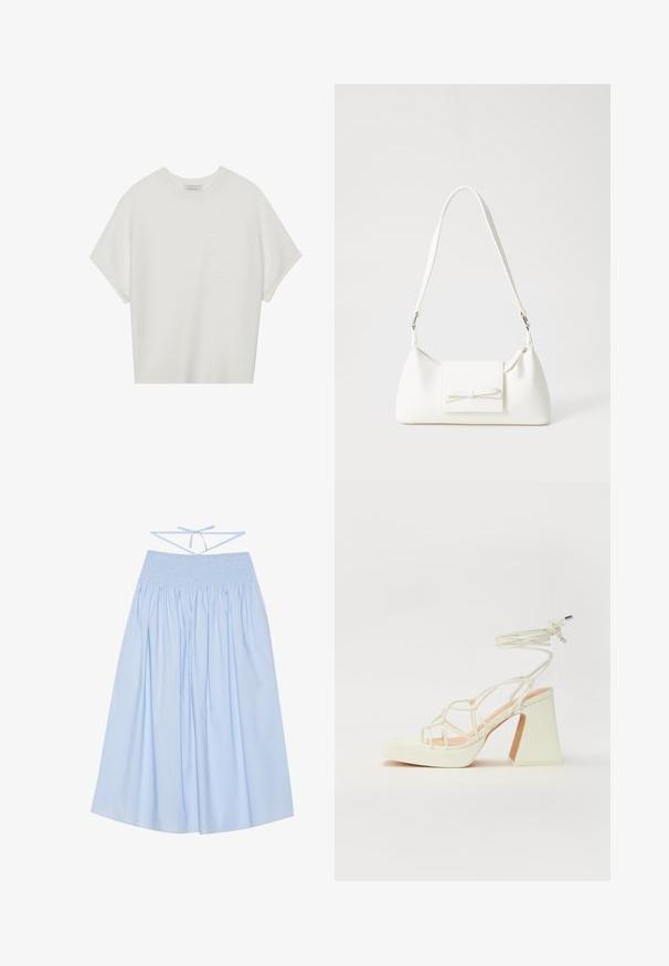 Valkoinen lyhythihainen t-paita, jossa on leveä pyöreä kaula-aukko ja teksturoitu ribbikuvio, valmistettu pehmeästä kankaasta, rento malli ja siisti muotoilu.; Vaaleansininen puuvillahame, jossa on koko vartalon kuminauhavyötärö, virtaava siluetti, leveät laskokset ja ohuet siteet takana säädettävää istuvuutta varten.; Valkoinen korkokenkä, jossa on paksu korko, ja joka sisältää nauhakiinnityksen ja nilkkaketjun. Sujuva pinta, jossa on platform-etupohja lisäkorkeutta varten.; Valkoinen synteettinen käsilaukku, jossa on kolmikulmainen muoto, tasainen etu läppä ja nauhadetail, säädettävä olkahihna, sileä rakenne ja minimalinen muotoilu.